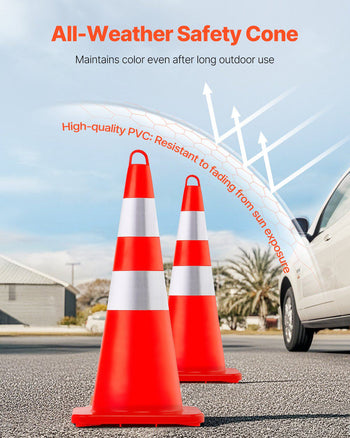 Safety Cones, 12 x 28\" Traffic Cones, PVC Orange Construction Cones, 2 Reflective Collars Traffic Cones with Weighted Base and Hand-Held Ring Used for Traffic Control, Driveway Road Parking