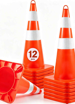 Safety Cones, 12 x 28\" Traffic Cones, PVC Orange Construction Cones, 2 Reflective Collars Traffic Cones with Weighted Base and Hand-Held Ring Used for Traffic Control, Driveway Road Parking