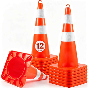 Safety Cones, 12 x 28\" Traffic Cones, PVC Orange Construction Cones, 2 Reflective Collars Traffic Cones with Weighted Base and Hand-Held Ring Used for Traffic Control, Driveway Road Parking