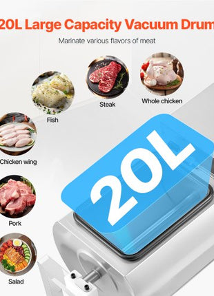 Commercial Meat Tumbler Marinator, 20L Vacuum Tumbler Marinating Machine with Bidirectional Rotation and 3-Speed, Stainless Steel Vacuum Curing Machine for Chicken Steak Pork, Restaurant