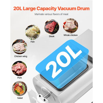 Commercial Meat Tumbler Marinator, 20L Vacuum Tumbler Marinating Machine with Bidirectional Rotation and 3-Speed, Stainless Steel Vacuum Curing Machine for Chicken Steak Pork, Restaurant