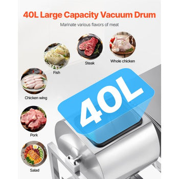 Commercial Meat Tumbler Marinator, 40L Vacuum Tumbler Marinating Machine with Bidirectional Rotation and 3-Speed, Stainless Steel Vacuum Curing Machine for Chicken Pork Fish, Steak House