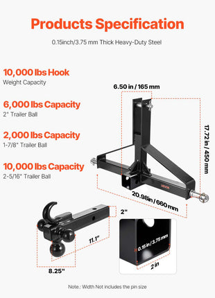 3 Point Trailer Hitch with 2 in Receiver, 3pt Quick Hitch Attachment, Heavy Duty Tractor Tow Drawbar Adapter, Compatible with Kubota, Mahindra, Ford, Yanmar, John Deere, Massey Ferguson