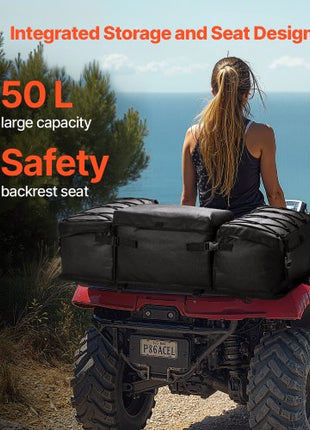 ATV Rear Storage Bag, 50L ATV Rear Cargo Bag with Sponge Seat Cushion & Bottle Holder, 600D Oxford Cloth Rear Seat Gear Bag Fit Most ATVs with Rear Rack, Compatible with ATV, UTV, Can-Am Vehicle