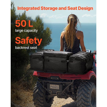 ATV Rear Storage Bag, 50L ATV Rear Cargo Bag with Sponge Seat Cushion & Bottle Holder, 600D Oxford Cloth Rear Seat Gear Bag Fit Most ATVs with Rear Rack, Compatible with ATV, UTV, Can-Am Vehicle