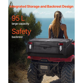 ATV Rear Storage Box, 95L ATV Rear Cargo Box with Padded Backrest, Waterproof LLDPE and Lockable Gear Storage Box Fit Most ATVs with Rear Rack, Compatible with ATV, UTV, Can-Am Vehicles