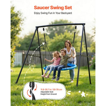 Swing Set for Backyard, 40 in Saucer Swing Seat with Heavy Duty A-Frame Metal Stand, 440 lbs Load Capacity, Reinforced with Spiral Ground Anchors, Swingset Outdoor for Kids, Black and Blue