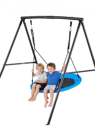 Swing Set for Backyard, 40 in Saucer Swing Seat with Heavy Duty A-Frame Metal Stand, 440 lbs Load Capacity, Reinforced with Spiral Ground Anchors, Swingset Outdoor for Kids, Black and Blue