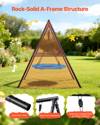 Swing Set for Backyard, 40 in Saucer Swing Seat with Heavy Duty A-Frame Metal Stand, 440 lbs Load Capacity, Reinforced with Spiral Ground Anchors, Swingset Outdoor for Kids, Black and Blue