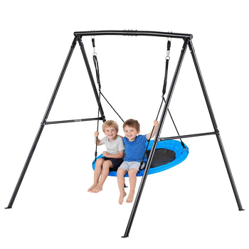Swing Set for Backyard, 40 in Saucer Swing Seat with Heavy Duty A-Frame Metal Stand, 440 lbs Load Capacity, Reinforced with Spiral Ground Anchors, Swingset Outdoor for Kids, Black and Blue