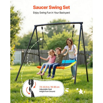 Swing Set for Backyard, 60 x 32 in Swing Seat with Heavy Duty A-Frame Metal Stand, 440 lbs Load Capacity, Reinforced with Spiral Ground Anchors, Swingset Outdoor for Kids, Black and Colorful
