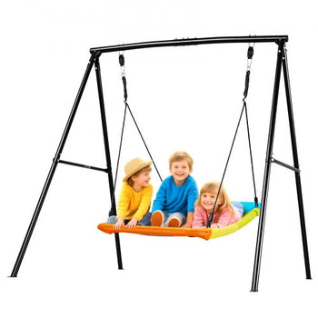 Swing Set for Backyard, 60 x 32 in Swing Seat with Heavy Duty A-Frame Metal Stand, 440 lbs Load Capacity, Reinforced with Spiral Ground Anchors, Swingset Outdoor for Kids, Black and Colorful
