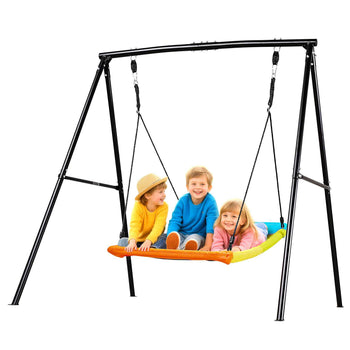 Swing Set for Backyard, 60 x 32 in Swing Seat with Heavy Duty A-Frame Metal Stand, 440 lbs Load Capacity, Reinforced with Spiral Ground Anchors, Swingset Outdoor for Kids, Black and Colorful
