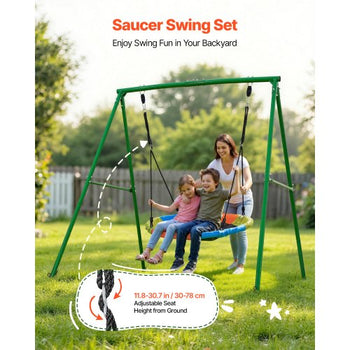Swing Set for Backyard, 40 in Saucer Swing Seat with Heavy Duty A-Frame Metal Stand, 440 lbs Load Capacity, Reinforced with Spiral Ground Anchors, Swingset Outdoor for Kids, Green and Colorful