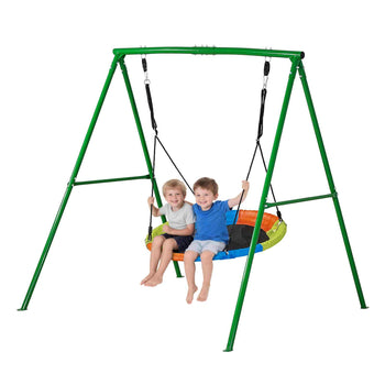 Swing Set for Backyard, 40 in Saucer Swing Seat with Heavy Duty A-Frame Metal Stand, 440 lbs Load Capacity, Reinforced with Spiral Ground Anchors, Swingset Outdoor for Kids, Green and Colorful