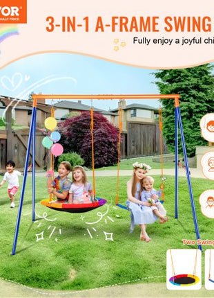Swing Sets for Backyard, 440lbs Load Capacity Swing Set, with 1 Saucer Swing Seat, 1 Belt Swing Seat, Heavy Duty A-Frame Metal Swing Stand and Adjustable Rope, Swingset Outdoor for Kids