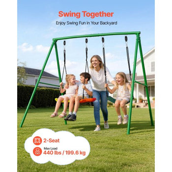 Swing Set for Backyard, 32 in Saucer Swing Seat and Belt Seat, with Heavy Duty A-Frame Metal Stand, 440 lbs Load Capacity, Reinforced with Spiral Ground Anchors, Swingset Outdoor for Kids