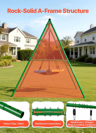 Swing Set for Backyard, 32 in Saucer Swing Seat and Belt Seat, with Heavy Duty A-Frame Metal Stand, 440 lbs Load Capacity, Reinforced with Spiral Ground Anchors, Swingset Outdoor for Kids
