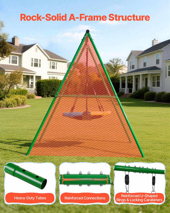 Swing Set for Backyard, 32 in Saucer Swing Seat and Belt Seat, with Heavy Duty A-Frame Metal Stand, 440 lbs Load Capacity, Reinforced with Spiral Ground Anchors, Swingset Outdoor for Kids