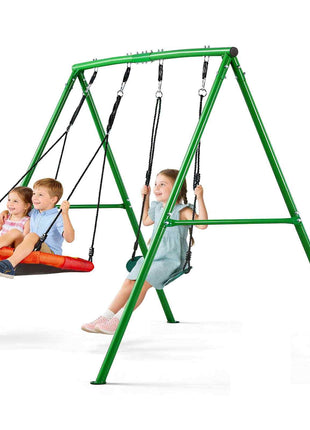 Swing Set for Backyard, 32 in Saucer Swing Seat and Belt Seat, with Heavy Duty A-Frame Metal Stand, 440 lbs Load Capacity, Reinforced with Spiral Ground Anchors, Swingset Outdoor for Kids