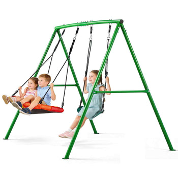 Swing Set for Backyard, 32 in Saucer Swing Seat and Belt Seat, with Heavy Duty A-Frame Metal Stand, 440 lbs Load Capacity, Reinforced with Spiral Ground Anchors, Swingset Outdoor for Kids