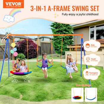 Swing Sets for Backyard, 600lbs Load Capacity Swing Set, with 1 Saucer Swing Seat, 2 Belt Swing Seats, Heavy Duty A-Frame Metal Swing Stand and Adjustable Rope, Swingset Outdoor for Kids