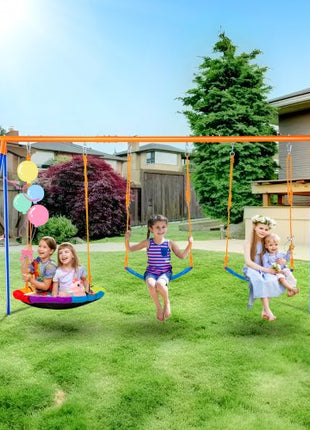 Swing Sets for Backyard, 600lbs Load Capacity Swing Set, with 1 Saucer Swing Seat, 2 Belt Swing Seats, Heavy Duty A-Frame Metal Swing Stand and Adjustable Rope, Swingset Outdoor for Kids