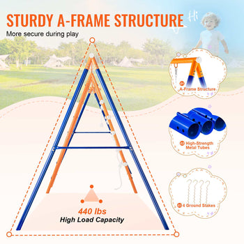Swing Sets for Backyard, 6 in 1 Swing Set with 2 Swings, Trapeze Bar, Climbing Ladder, Climbing Net, and Basketball Hoop, 440lbs Load Capacity Heavy-Duty Metal Swingset Outdoor for Kids Ages 3+