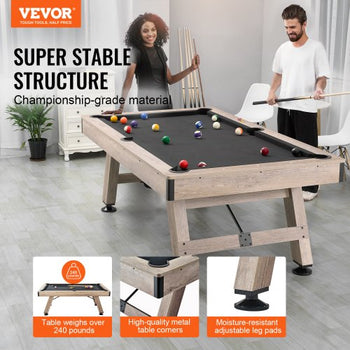 Billiards Table, 7 ft Pool Table, Adjust Legs Stable Billiards Table, Pool Table Set Includes Balls, Cues, Chalks and Brush, Wood Color with Black Cloth, Perfect for Family Game Room Kids Adults