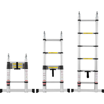 Telescoping Ladder, 12.5FT A-Shape Aluminum Extension Ladder Lightweight, Multi-button Retraction Collapsible Ladder, 375 LBS Capacity w/ Stabilizer Bar, Multi-Purpose Ladders for RV, Camper