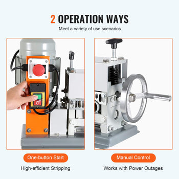 Two-in-one electric wire stripping machine: gray metal with orange accents; features manual and one-button operation.