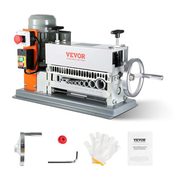 VEVOR metal bending machine in gray and orange with stainless steel body, includes gloves, manual, and tools.