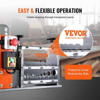 VEVOR electric wire stripper in orange and silver, featuring a transparent panel and protective cover for safe operation.