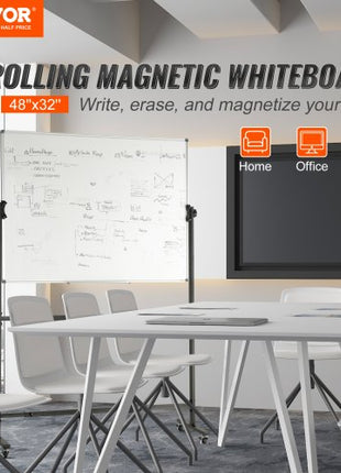 Rolling Whiteboard, 48x32 inch Double-Sided Magnetic Mobile Whiteboard, 360° Reversible Adjustable Height Dry Erase Board with Wheels & Movable Tray for Office School