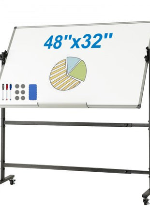 Rolling Whiteboard, 48x32 inch Double-Sided Magnetic Mobile Whiteboard, 360° Reversible Adjustable Height Dry Erase Board with Wheels & Movable Tray for Office School