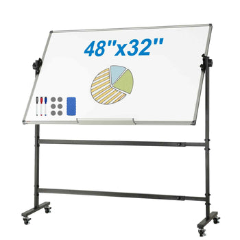 Rolling Whiteboard, 48x32 inch Double-Sided Magnetic Mobile Whiteboard, 360° Reversible Adjustable Height Dry Erase Board with Wheels & Movable Tray for Office School
