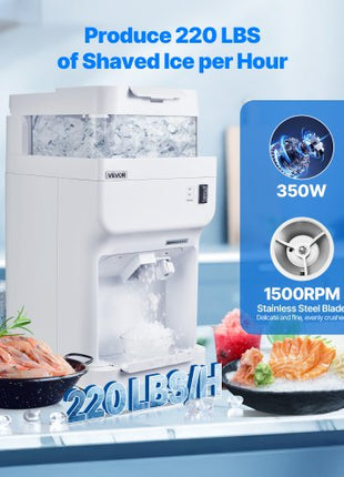 Commercial Ice Shaver Crusher, 220lbs Per Hour Electric Snow Cone Maker with 8L Ice Cube Box, 350W 1500RPM Tabletop Shaved Ice Machine for Parties Events Bar, Home and Commercial Use (White)