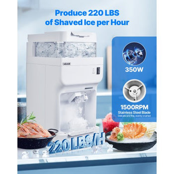 Commercial Ice Shaver Crusher, 220lbs Per Hour Electric Snow Cone Maker with 8L Ice Cube Box, 350W 1500RPM Tabletop Shaved Ice Machine for Parties Events Bar, Home and Commercial Use (White)