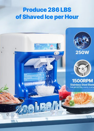 Commercial Ice Shaver Crusher, 286lbs Per Hour Electric Snow Cone Maker with 2L Ice Cube Box, 250W 1500RPM Tabletop Shaved Ice Machine for Parties Events Snack Bar, Home and Commercial Use (Blue)