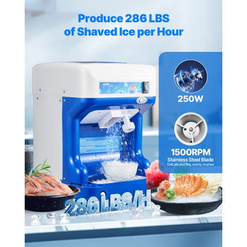 Commercial Ice Shaver Crusher, 286lbs Per Hour Electric Snow Cone Maker with 2L Ice Cube Box, 250W 1500RPM Tabletop Shaved Ice Machine for Parties Events Snack Bar, Home and Commercial Use (Blue)