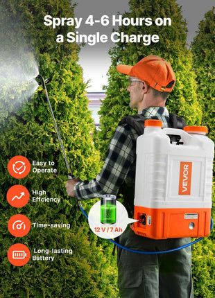 VEVOR 12V electric backpack sprayer, orange and white, ergonomic design, efficient, long-lasting battery for easy operation.