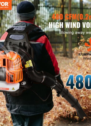 Backpack Leaf Blower, 52CC 2-Cycle Leaf Blower with 1.37L Fuel Tank, 480CFM Air Volume 175MPH Speed, Ideal for Lawn Care, Leaf Cleaning, and Snow Removal