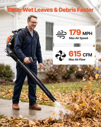 Backpack Leaf Blower, 75.6CC 4-Stroke Engine Gas Powered Leaf Blower with 1.8L Fuel Tank, 615 CFM Air Volume, 179 MPH Air Speed, Ideal for Lawn Care, Leaves Cleaning, Yard Debris & Snow Removal
