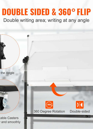 Double-sided transparent acrylic whiteboard, 360° rotation, adjustable angle, black metal frame with lockable casters.