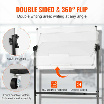 Double-sided transparent acrylic whiteboard, 360° rotation, adjustable angle, black metal frame with lockable casters.