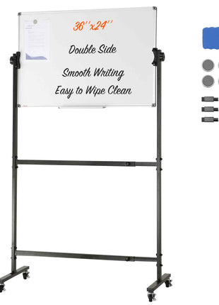 Double-sided 36"x24" whiteboard with smooth writing surface, black metal frame, and rolling wheels. Includes markers and eraser.