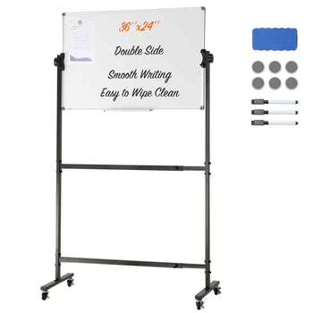 Double-sided 36"x24" whiteboard with smooth writing surface, black metal frame, and rolling wheels. Includes markers and eraser.