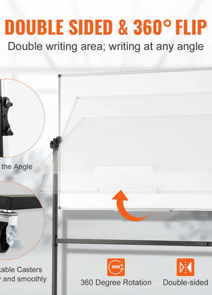 Double-sided clear acrylic flip chart with adjustable angle, black metal frame, and four lockable caster wheels.