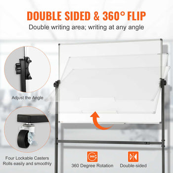 Double-sided clear acrylic flip chart with adjustable angle, black metal frame, and four lockable caster wheels.
