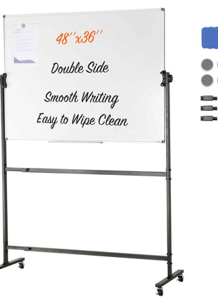 48"x36" double-sided whiteboard, smooth writing, easy clean, with accessories, black frame, mobile design.